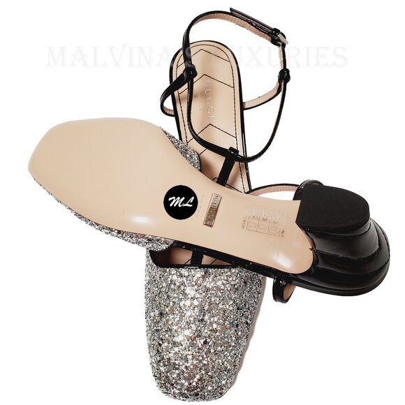 GUCCI SHOES T-STRAP SILVER GLITTER SLINGBACK PUMPS w DOUBLE G LOGO sz 37.5 7.5 - Picture 12 of 14